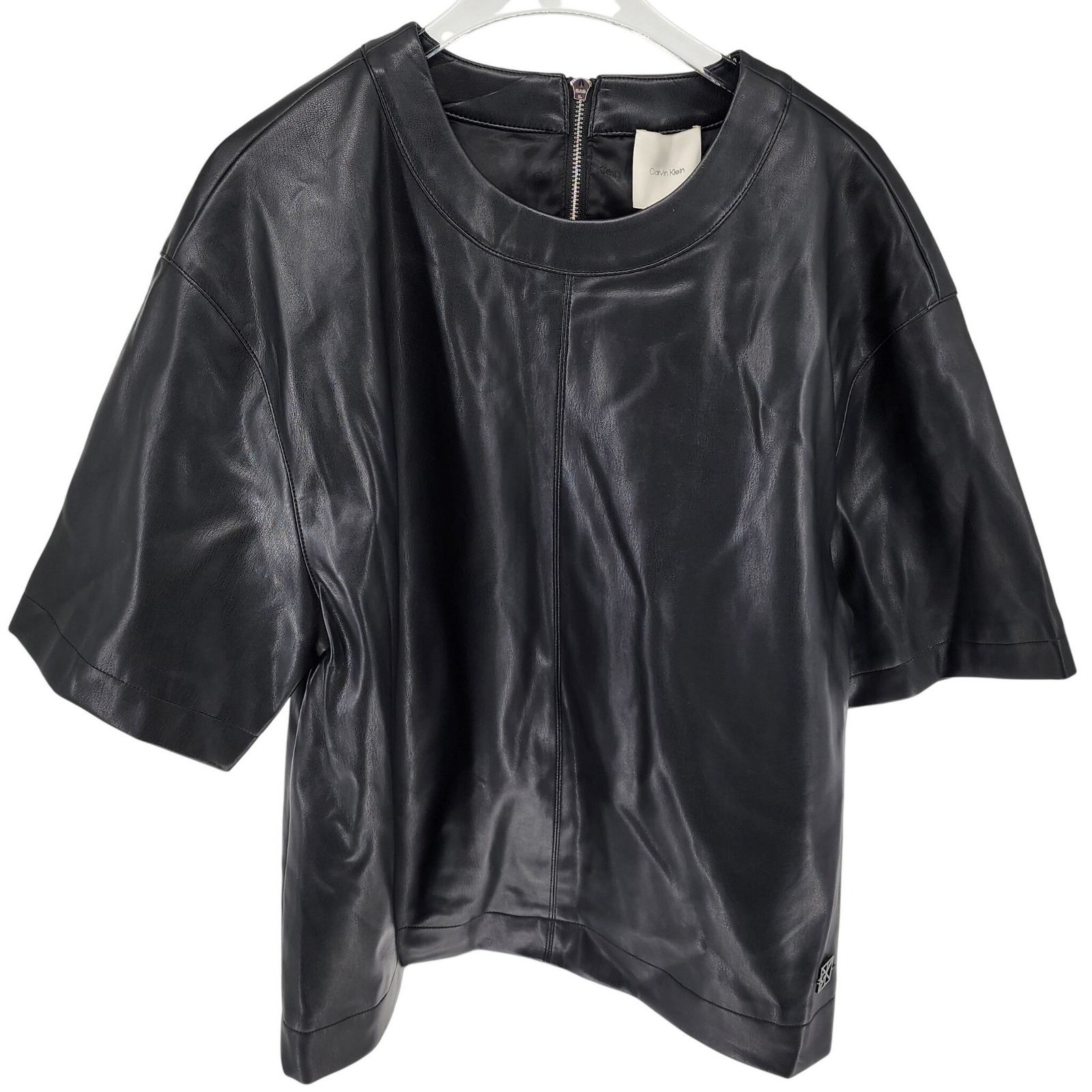 Calvin Klein Faux Leather Top Women Medium Black Excellent Short Sleeve Zip Back